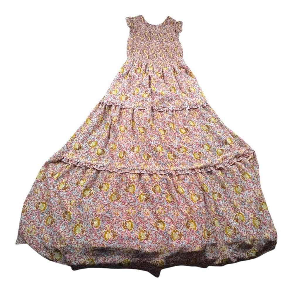 MELLODAY‎ Smocked Floral Maxi Dress Pink Yellow Tiered Sleeveless Women M
